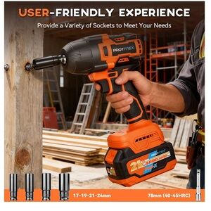 Protmex 900Ft-lbs (1200N.m) Impact Wrench, 1/2" Cordless Impact Driver